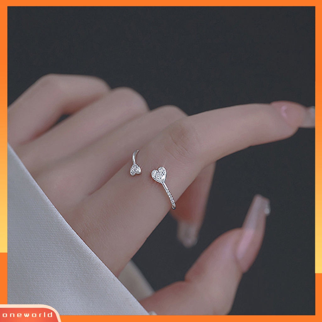 [EONE] Cincin Jari Hati Cubic Zirconia Perhiasan Pembukaan Adjustable Finger Ring Hadiah Hari Kasih Sayang
