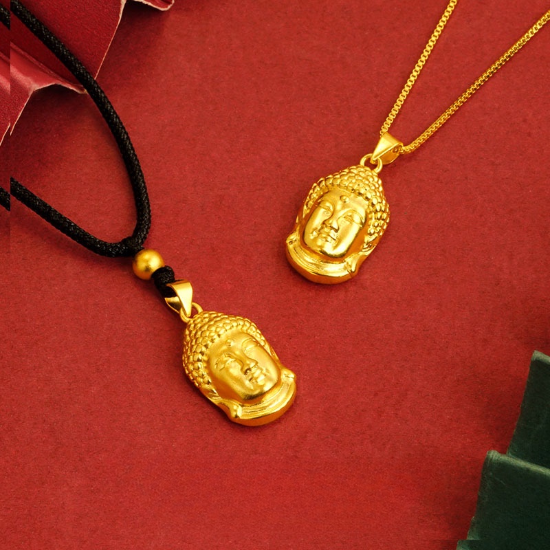 Goldkingdom Perhiasan Fashion 24K Bangkok Aksesoris Ready Stock Liontin Kepala Buddha Antik Dengan Tali Hitam Kalung Maitreya Yang Dapat Disesuaikan