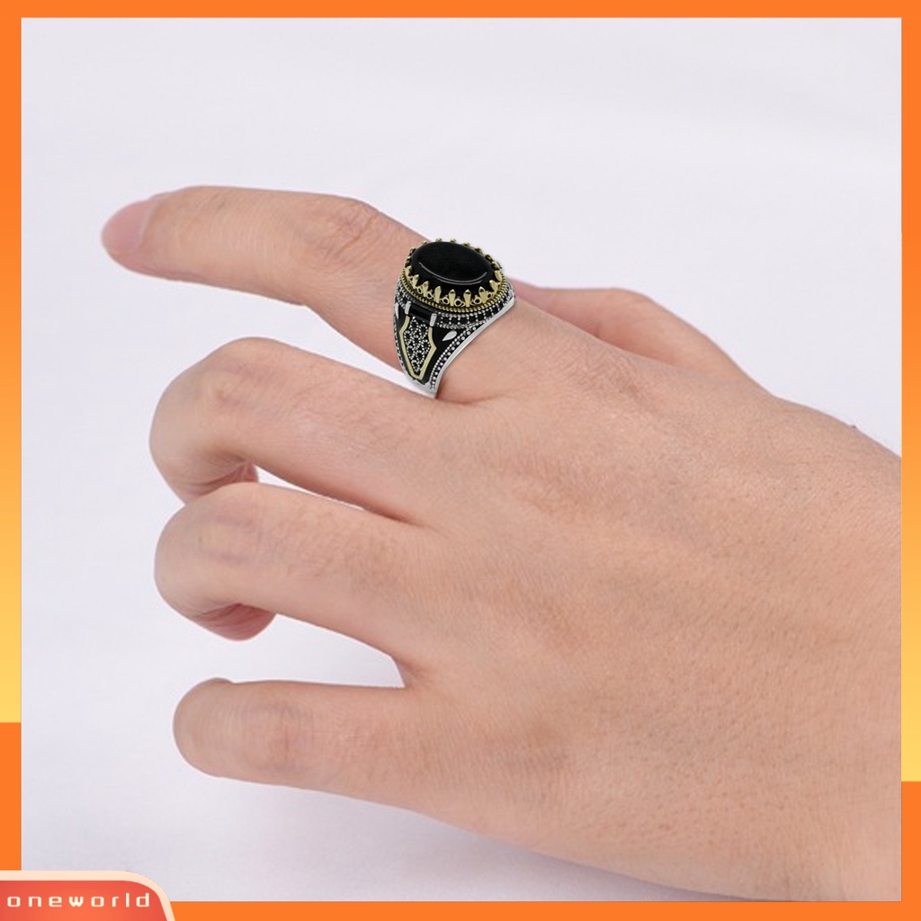 [EONE] Pria Cincin Vintage Punk Logam Ukiran Pola Kuno Two Tone Hias Hadiah Batu Akik Imitasi Bertatahkan Laki-Laki Pesta Cincin Perhiasan Pernikahan