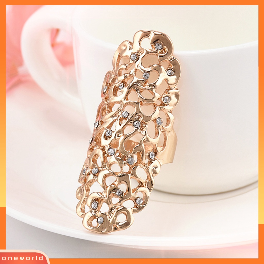 [EONE] Knuckle Ring Vintage Berlebihan Berongga Keluar Geometris Berlian Imitasi Dekorasi Electroplating Fashion Retro Ukiran Cincin Panjang Perhiasan Aksesoris