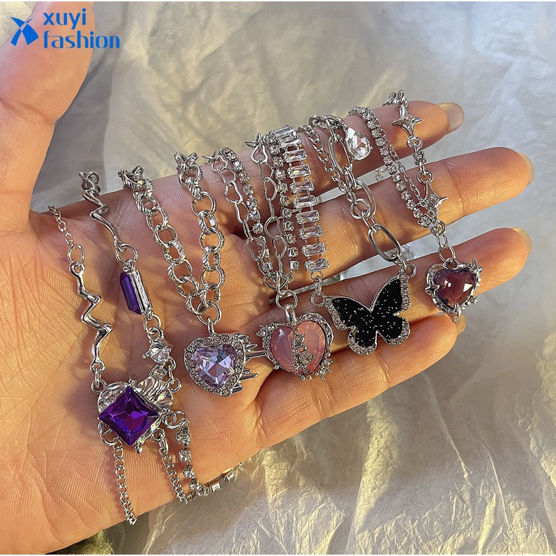 Y2k Kalung Liontin Bintang Kupu-Kupu Hati Zirkon Kristal Mutiara Silver Rumbai Rantai Choker Untuk Aksesoris Perhiasan Wanita