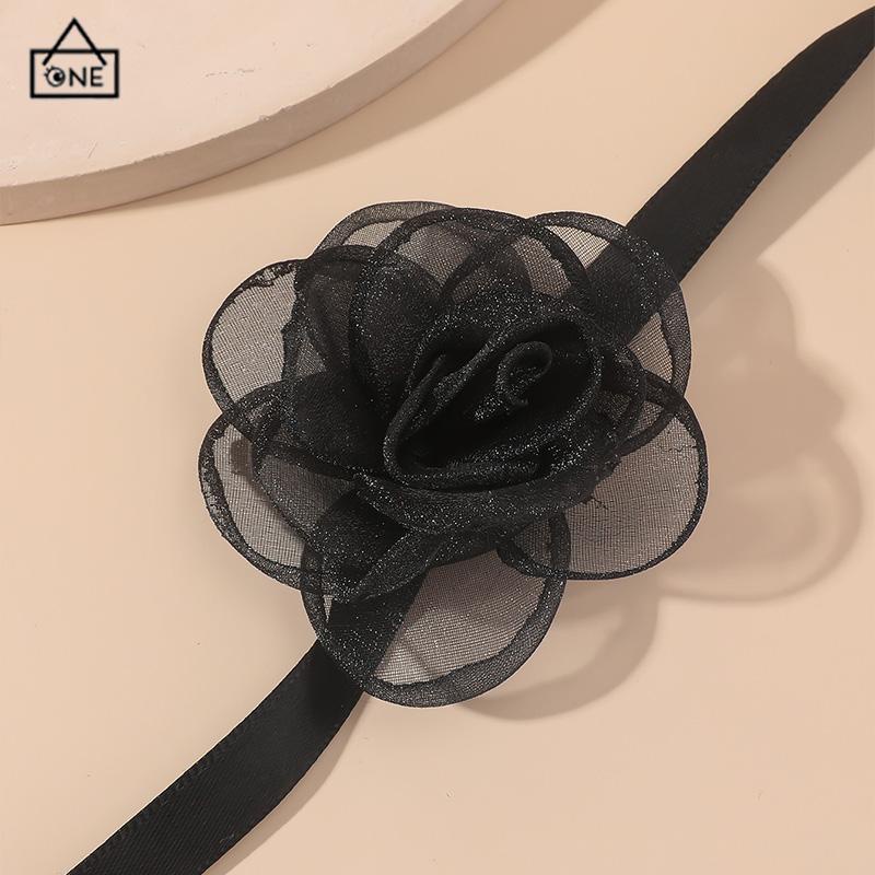 COD❤️Waktu Seksi Choker Kerah Perhiasan Retro-Hitam Renda Camellia Kalung Pesta Makan Malam Neck-Band Wanita Fashion Adjustable Neckl-A.one