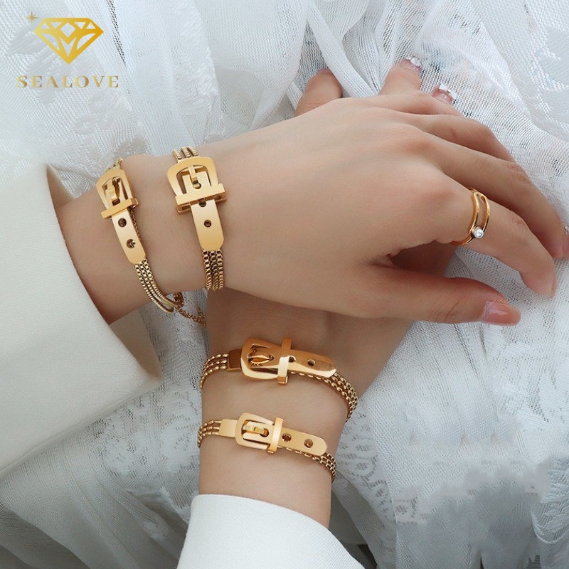 Gelang Titanium Wanita Anti Karat Gesper Sabuk Emas 18K Elegan Fashion Cantik Aksesoris Perhiasan COD