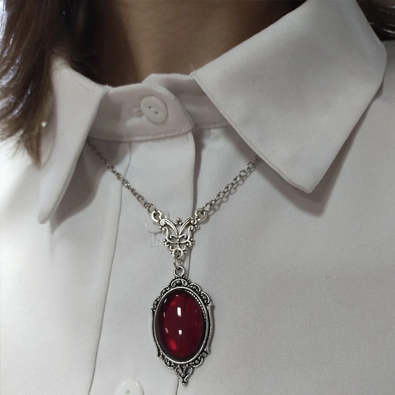 Kalung Liontin Quartz Timbul Merah Darah Gotik/Kalung Gaya Diablo Untuk Pria Dan Wanita/Kalung Rantai Pantai/Kalung Choker Vintage Trend/Aksesoris Perhiasan