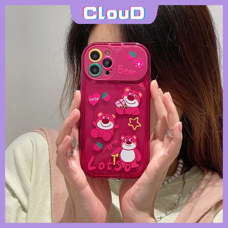 Kartun Strawberry Bear Manyo Case Untuk Oppo A57 A15 A77 A77s A12 A3s A11K A35 A11 A53 A5s A9 A7 A5 A31 A33 2020 A15s A12E Boneka 3D Lucu Kreatif Flip Make Up Cermin Soft Cover