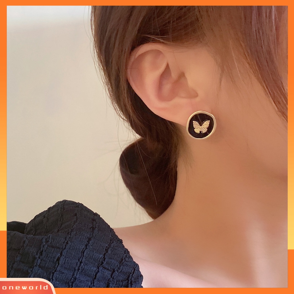 [EONE] 1pasang Ear Studs Retro Gaya Perancis Menjatuhkan Minyak Tidak Teratur Bulat Hadiah Kepribadian Hitam Emas Kupu-Kupu Wanita Anting-Anting Fashion Perhiasan