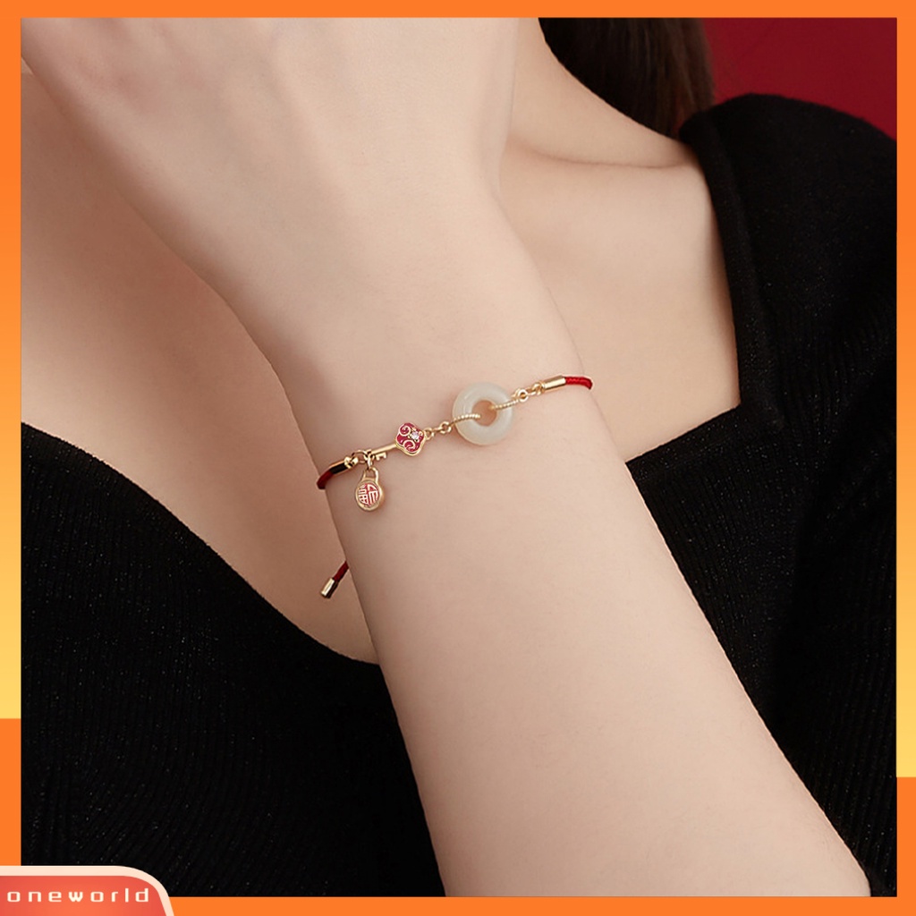 [EONE] Wanita Gelang Braided Electroplating Hadiah Tahun Baru Merah Gaya Cina Fu Karakter Faux Jade Ring Ladies Bangle Untuk Harian