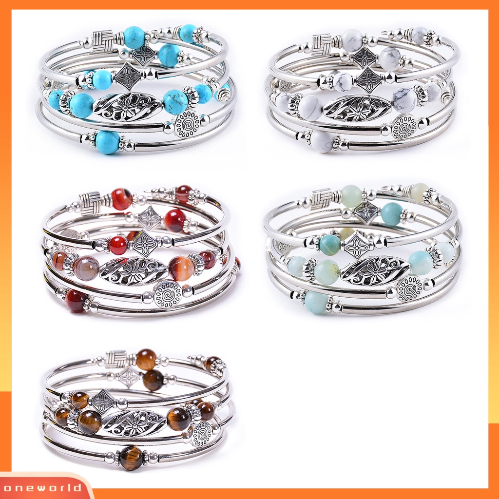 [EONE] Wanita Bangle Batu Alam Etnik Multi Layered Retro Biru Turquoise Beads Bungkus Gelang Perhiasan Aksesoris