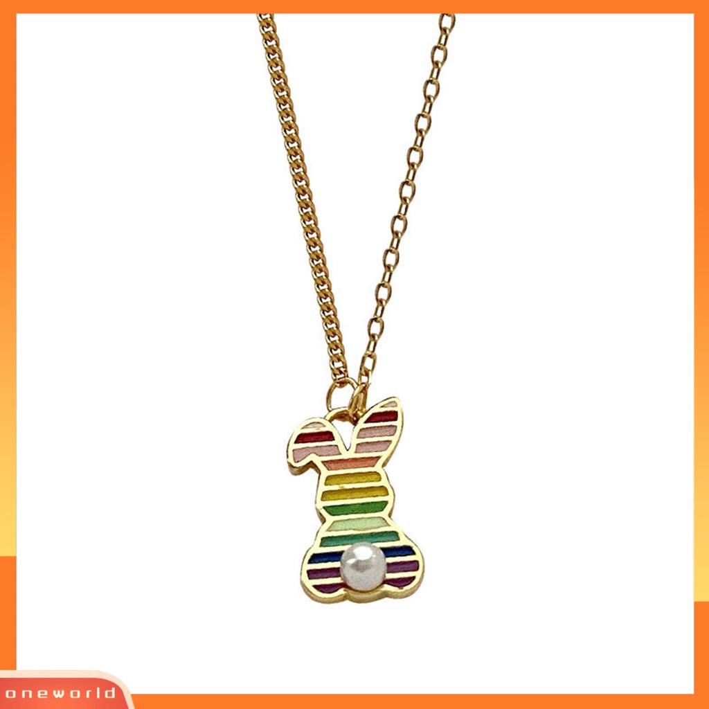 [EONE] Wanita Kalung Rainbow Oil-dripping Bergaris Mutiara Imitasi Elegan Kelinci Liontin Klavikula Kalung Fashion Perhiasan