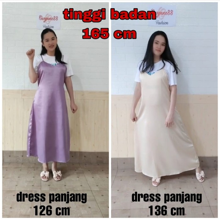 Long Dress Satin Wanita Bahan Saten Tali kecil Korea - Hitam, Panjang 126 cm