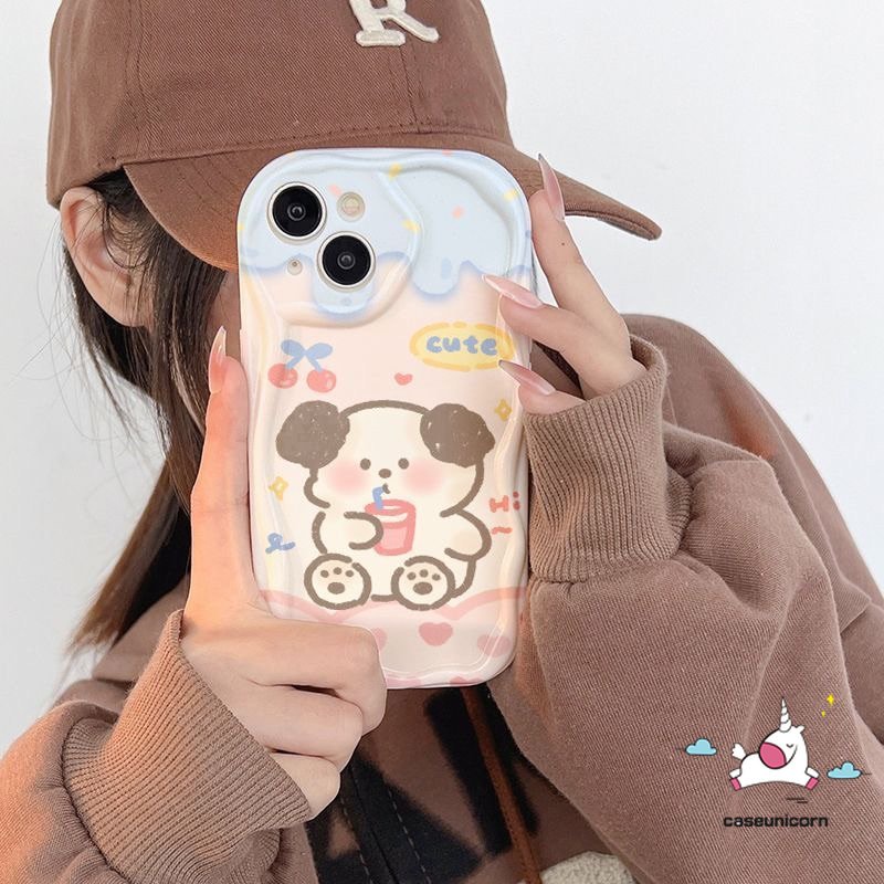 IPHONE Casing Ponsel Kartun Kompatibel Untuk Iphone11 14 12 13 Pro Max XR X7 8 6s 6 Plus XS Max SE 2020 7Plus 8Plus Shockproof Glossy 3D Wavy Curved Edge Cute Dog Soft Cover