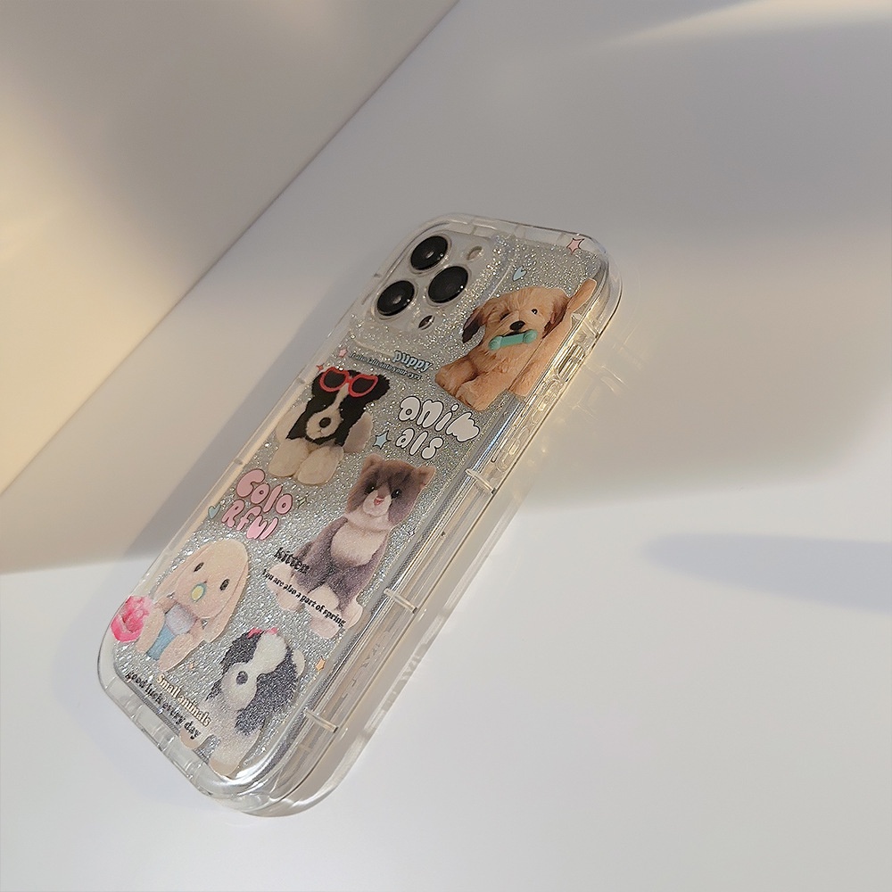 IPHONE Ins Cute Puppy Dog Kitten Cat Mainan Casing Ponsel Transparan Cover Dengan Film Glitter Untuk Iphone11 12 13 14 PLUS PRO MAX