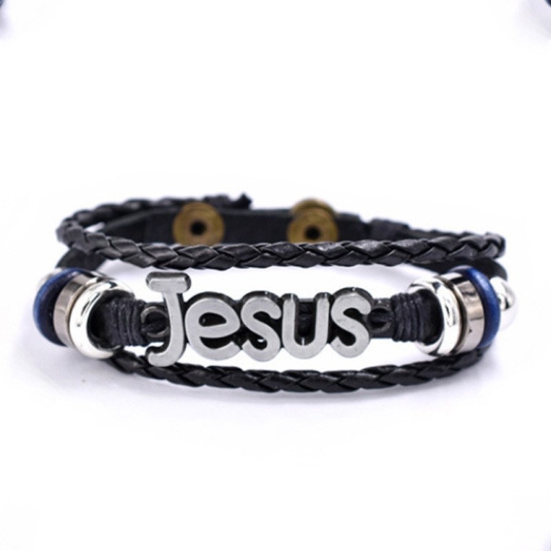 [Z H Perhiasan] Vintage God Bless Beaded Leather Gelang Pria Dan Wanita Fashion Stainless Steel Yesus Multilayer Gelang Punk Pesta Rock Perhiasan Aksesoris