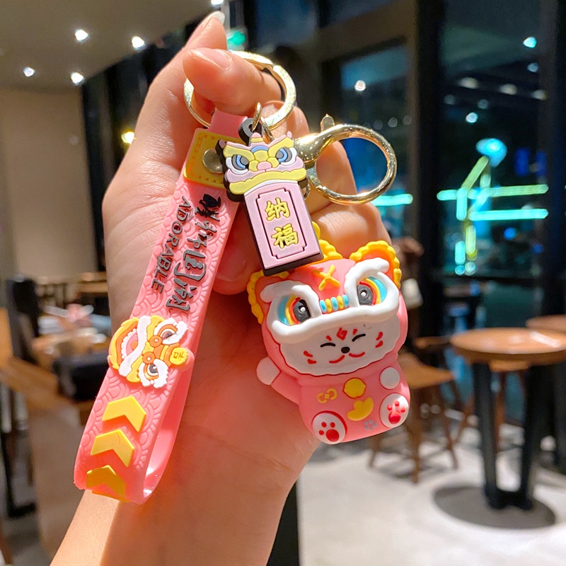 Cute 3D Chinese Style Dancing Lion Cat Anti-lost Strap Keychain for Car Home Keys Bag Backpack Bluetooth Earphone Case Cover Pendant Decoration