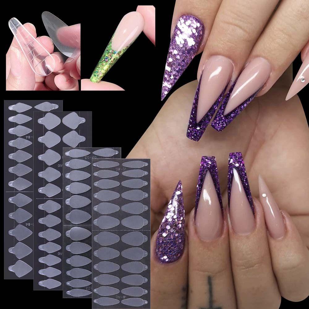 Needway   Kuku Cetakan Stiker 24Pcs/lembar Tips Palsu Poly Nail Dekorasi Perekat Diri French Forma Dual Sticker