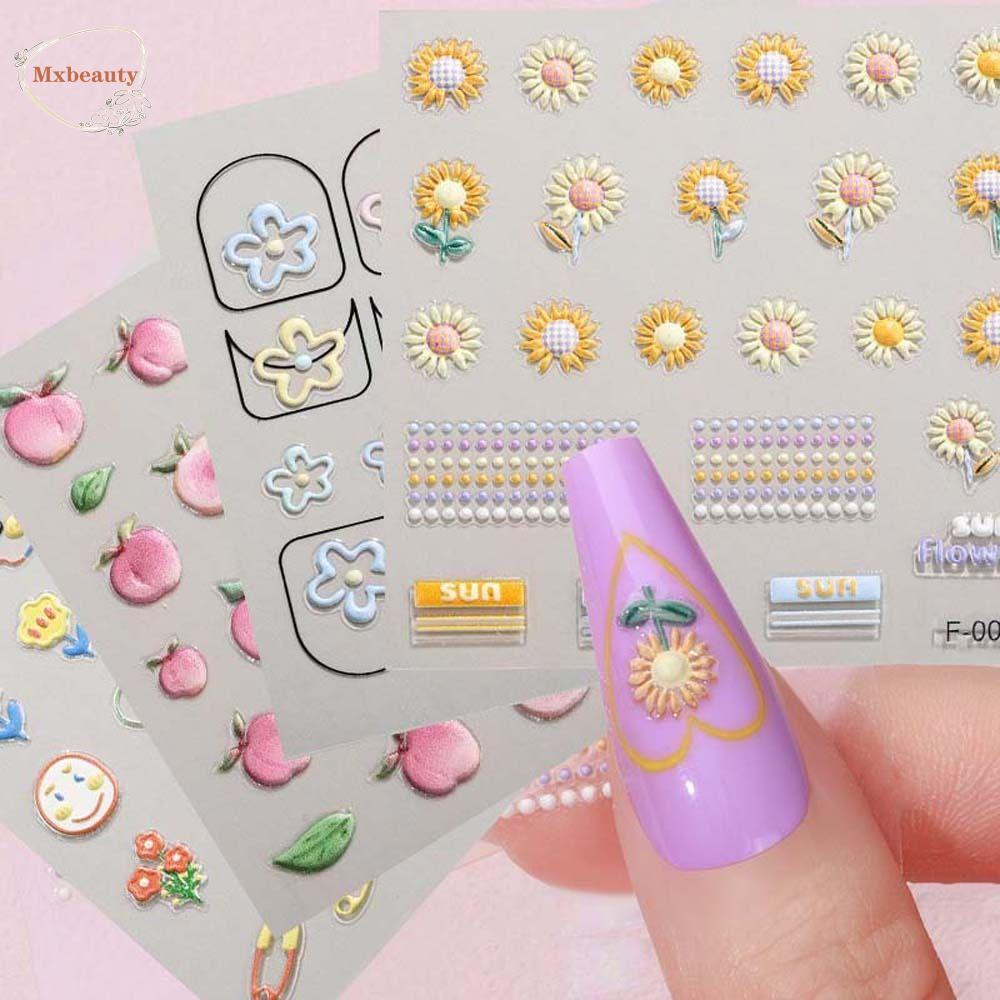 Mxbeauty Bunga Stiker Kuku Wanita Anjing Korea 3D Relief Bunga Matahari Peaches Dekorasi Kuku