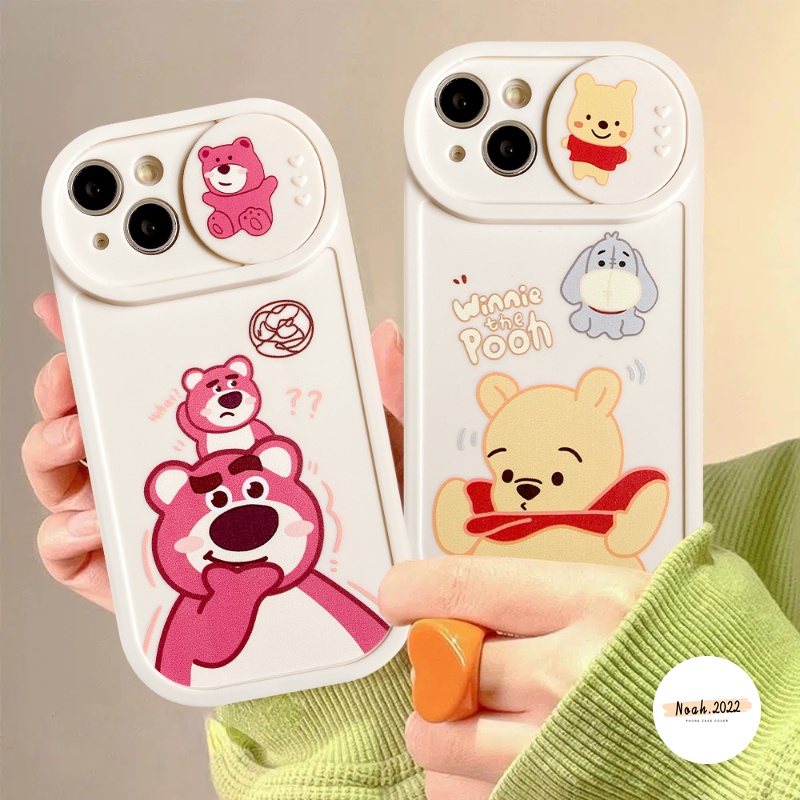 Case Pasangan Disney Kompatibel Untuk IPhone 7Plus 8Plus XR 11 12 13 Pro MAX X XS MAX Kartun Strawberry Bear Manyo Lucu Winnie the Pooh Tarik Jendela Kamera Perlindungan Soft Cover