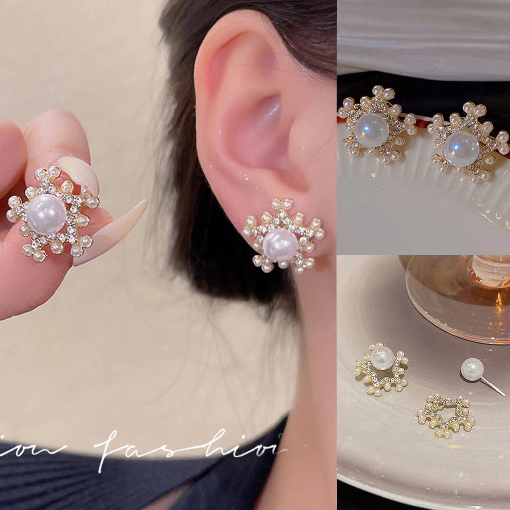 French Retro Pearl Ear Ring Female Ins, Anting Anting Snowflake Temperamen Mewah Ringan