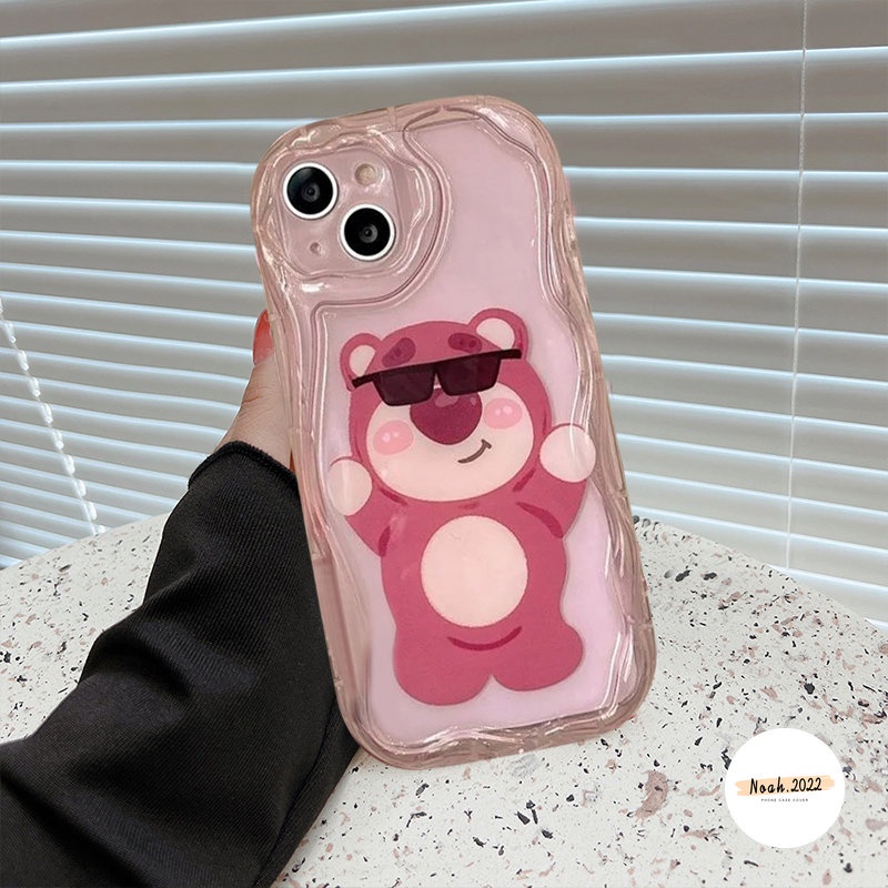 IPHONE Kartun Manyo Keren Strawberry Bear Memakai Sunglasse Case Kompatibel Untuk Iphone11 12 XR 7 8 6s 6 Plus 13 14 Pro Max X XS Max SE 3D Wavy Curved Edge Glossy Shockproof Soft Cover