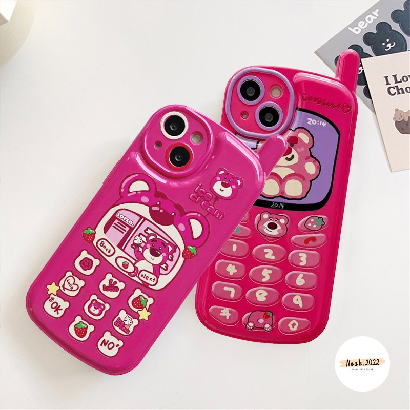 IPHONE Casing Kompatibel Untuk Iphone11Xr 78 Plus 12 13 14 11 Pro MAX X XS MAX SE 2020 Kartun Lucu Strawberry Bear Manyo Kepribadian Retro Bentuk Ponsel Ponsel Lembut Glossy Phone Cover