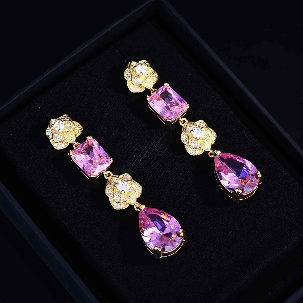 Goldkingdom Aksesoris Perhiasan Fashion Ready Stock Camellia Stud Earrings Set Dengan Argyle Pink Diamond Roses Anting Stud Panjang