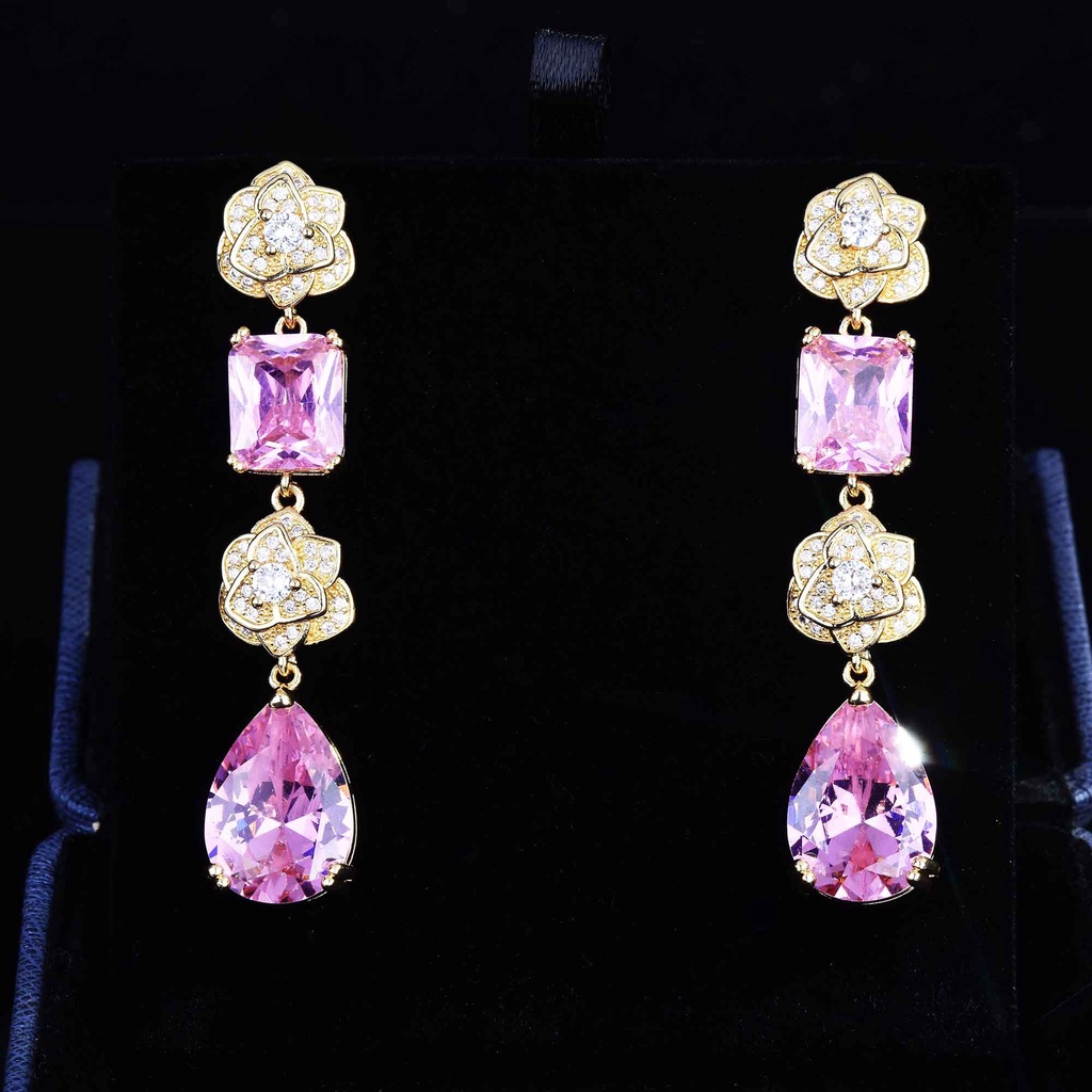 Goldkingdom Aksesoris Perhiasan Fashion Ready Stock Camellia Stud Earrings Set Dengan Argyle Pink Diamond Roses Anting Stud Panjang