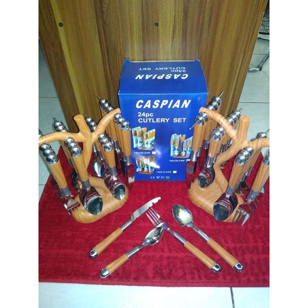 Sendok Set Garpu Makan CASPIAN Bentuk Pohon Motif Kayu Isi 24Pcs