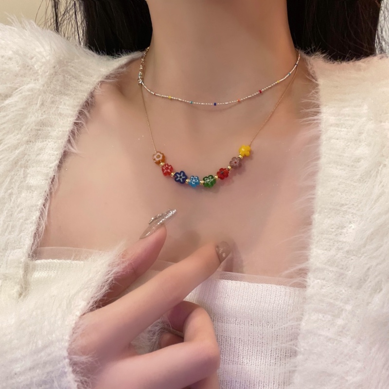 Kami Bunga Korea IU Gaya s925 Perak Warna-Warni Bunga Pelangi Manik-Manik Choker Kalung Untuk Wanita Perempuan Musim Panas Trendi Pantai Liburan Kalung Perhiasan Aksesoris