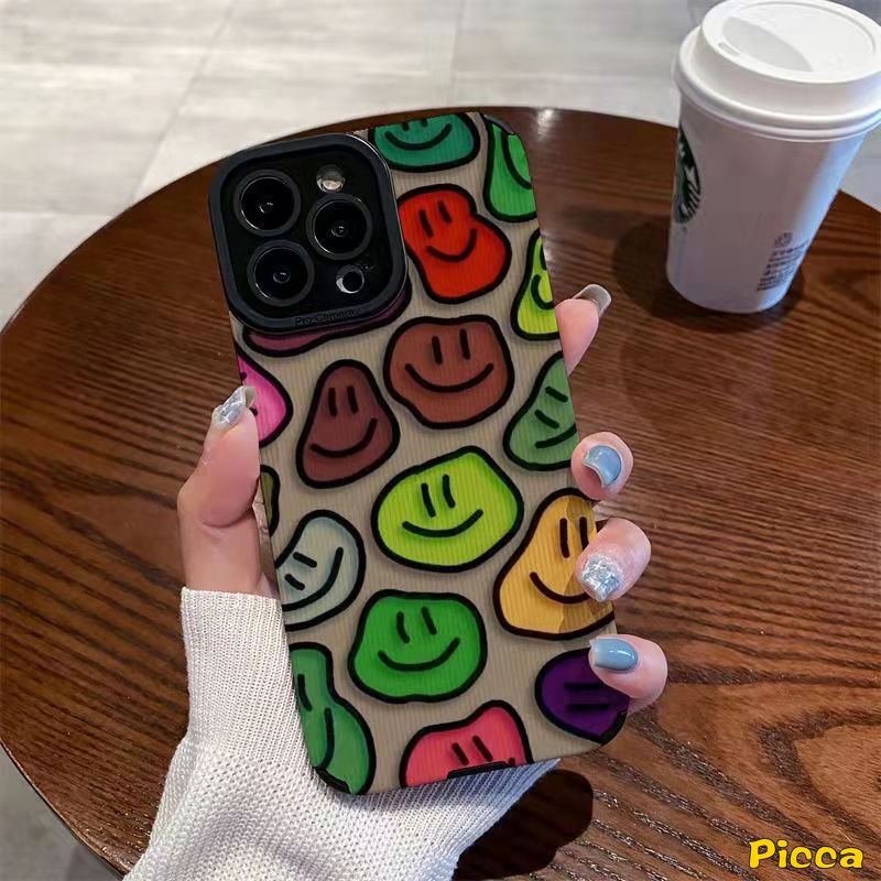 Casing Ponsel Tekstur Kulit Mewah Kompatibel Untuk IPhone 7Plus 11 14 12 13 Pro MAX XR 7 8 Plus X XS MAX Graffiti Kartun Smiley Warna-Warni Lembut Shockproof Silicon Cover