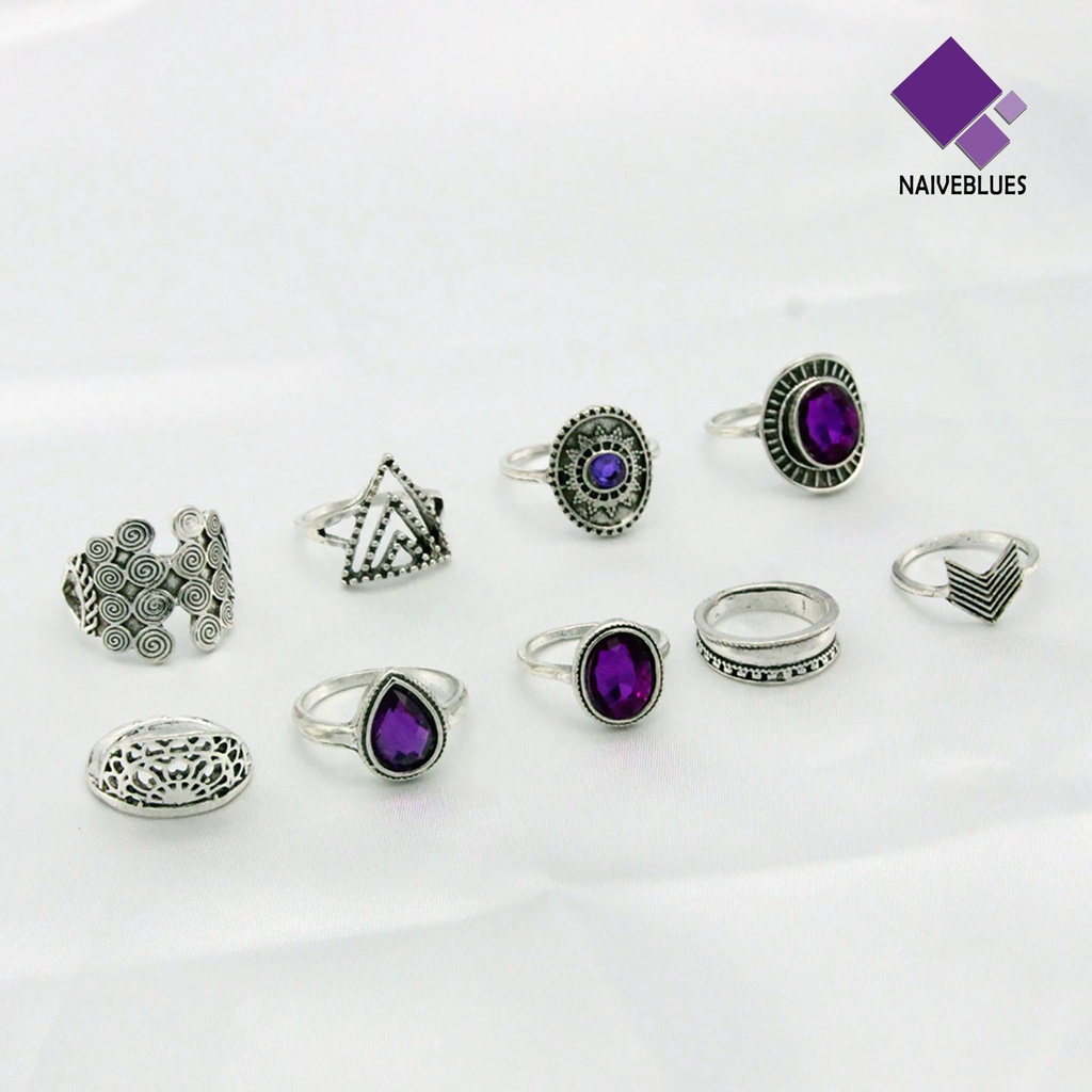 &lt; Naiveblues &gt; 9Pcs/set Water Drop Stackable Knuckle Rings Alloy Bohemia Permata Ungu Jari Perhiasan Aksesori