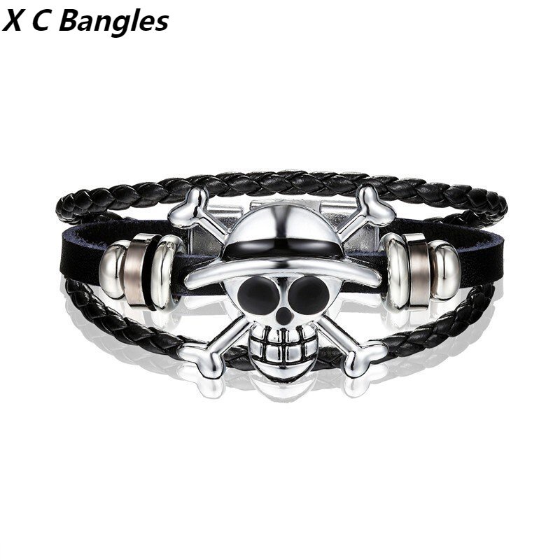 [X C Gelang] Mode Baru Animasi Raja Bajak Laut Peripheral Tengkorak Gelang Hitam Kulit Vintage Hip Hop Punk Gelang Kulit Cuffles Manik-Manik Multilayer Zinc Alloy Anyaman Gelang