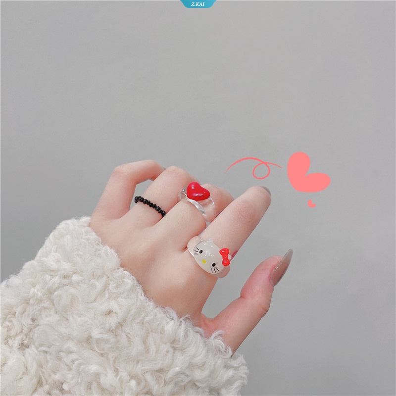 Sanrio Anime Cincin Tidak Dapat Disesuaikan Aksesoris Lucu Hello Kitty Transparan Heartse Hitam Kristal Manik-Manik Cincin Resin Pacar Perempuan Jantung Mainan Hadiah [ZK]