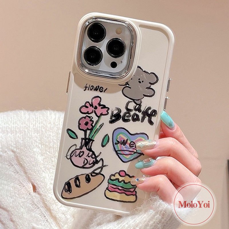 Cinta Hati Lucu Kucing Anjing Beruang Casing Ponsel Kompatibel Untuk IPhone 7Plus 11 13 14 12 Pro Max XR 87 Plus X XS Max Art Kartun Graffiti Bunga Plating Bingkai Lensa Logam Soft Cover