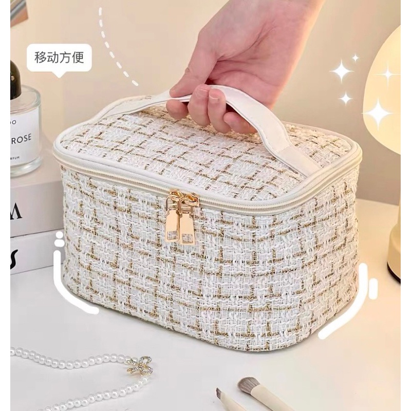 JOLINEOFFICIAL TWEED TRAVEL COSMETIC BAG / TAS KOSMETIK MULTIGUNGSI BAHAN MERAJUT /  SKINCARE ORGANIZER TWEED / TEMPAT ALAT PENYIMPANAN MAKEUP BARU / TRAVEL MAKE UP BAG KAPASITAS BESAR / MAKEUP POUCH PORTABLE TRAVEL / KOREAN TWEED COSMETIC BAG