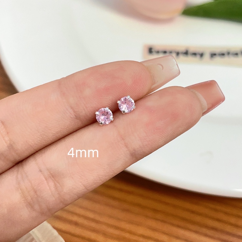 Manis Fashion Anting Stud Zirkon Merah Muda Untuk Wanita Mini Vintage Anting Kristal Bulat