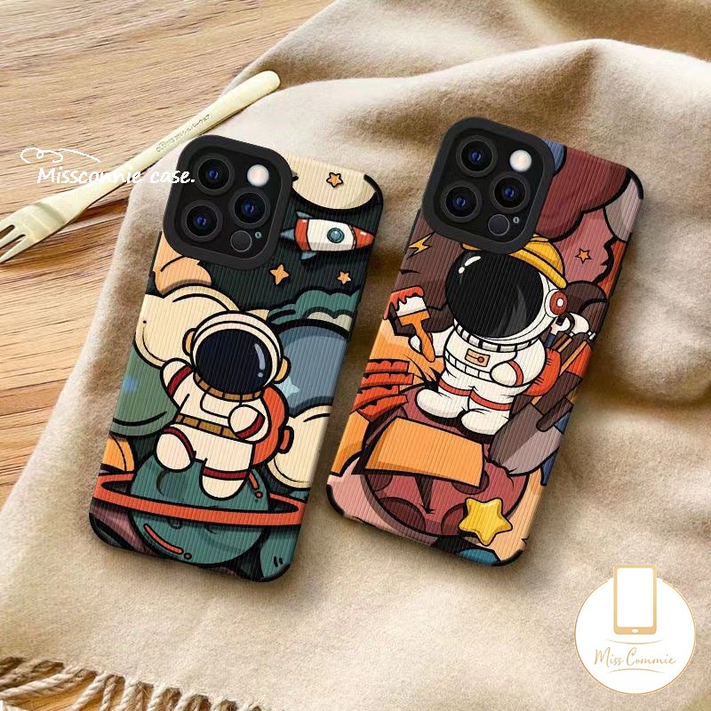 IPHONE Case Astronot Kartun Lucu Kompatibel Untuk Iphone14 11 13 12 Pro MAX 7Plus XR X 7 8 Plus XS MAX Tekstur Kulit Mewah Trendi Merek NASA Silikon Soft Cover