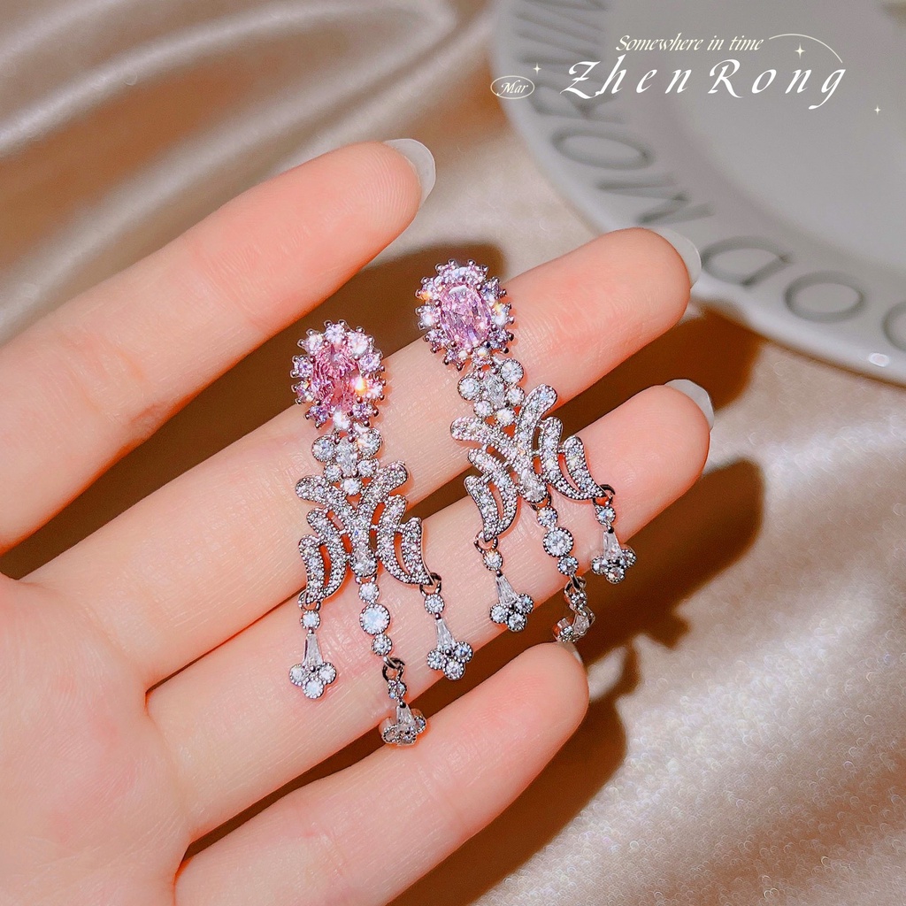 Goldkingdom Fashion Perhiasan Aksesoris Ready Stock Pink Berlian Sterling Silver Indah Rumbai Panjang Manis Keren Penuh Berlian Anting Untuk Wanita