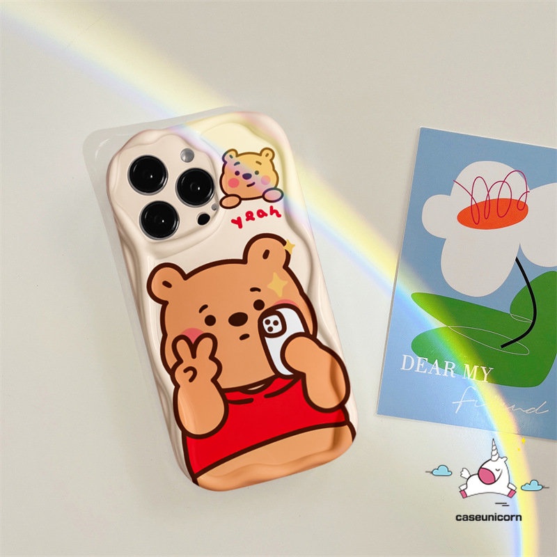 IPHONE Cute Winnie the Pooh Kartun Strawberry Bear Manyo Case Kompatibel Untuk Iphone14 11 13 12 Pro Max 6s 6 7 8 Plus XR X XS Max SE 2020 Soft Tpu Lovely 3D Wavy Curved Edge Back Cover