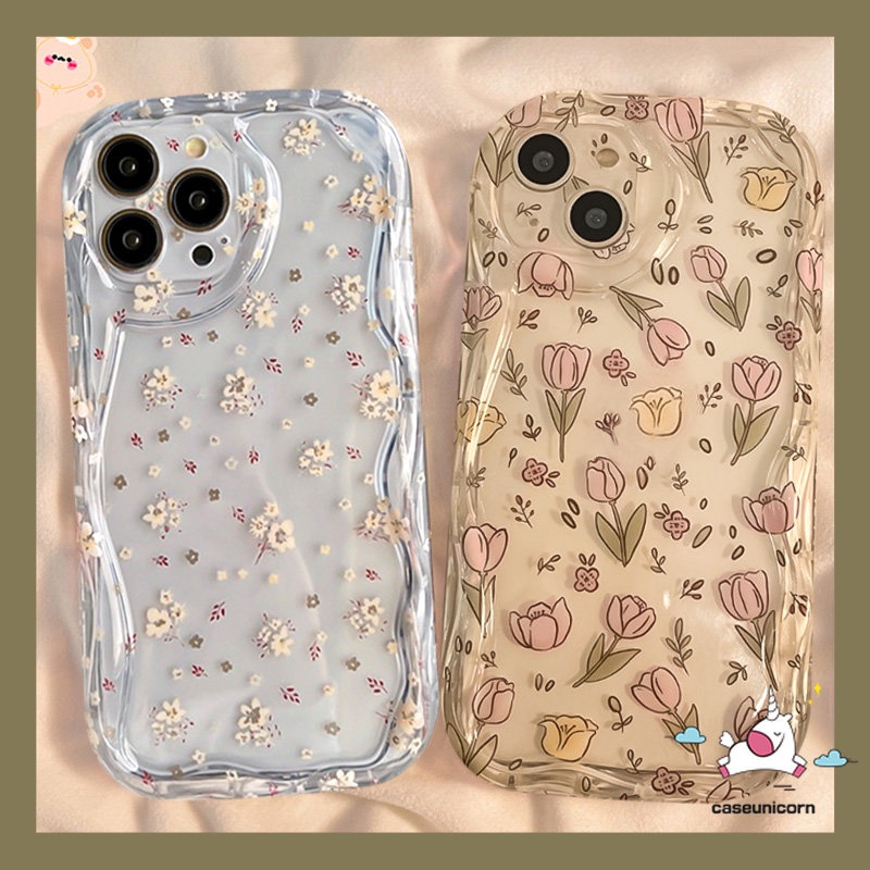 IPHONE Casing Ponsel Tepi Melengkung Bergelombang Transparan 3D Kompatibel Untuk Iphone11 14 13 12 Pro Max XR 7Plus 8Plus 6 6s 7 8 Plus X XS Max SE 2020 Fresh Flowers Soft Tpu Flower Back Cover