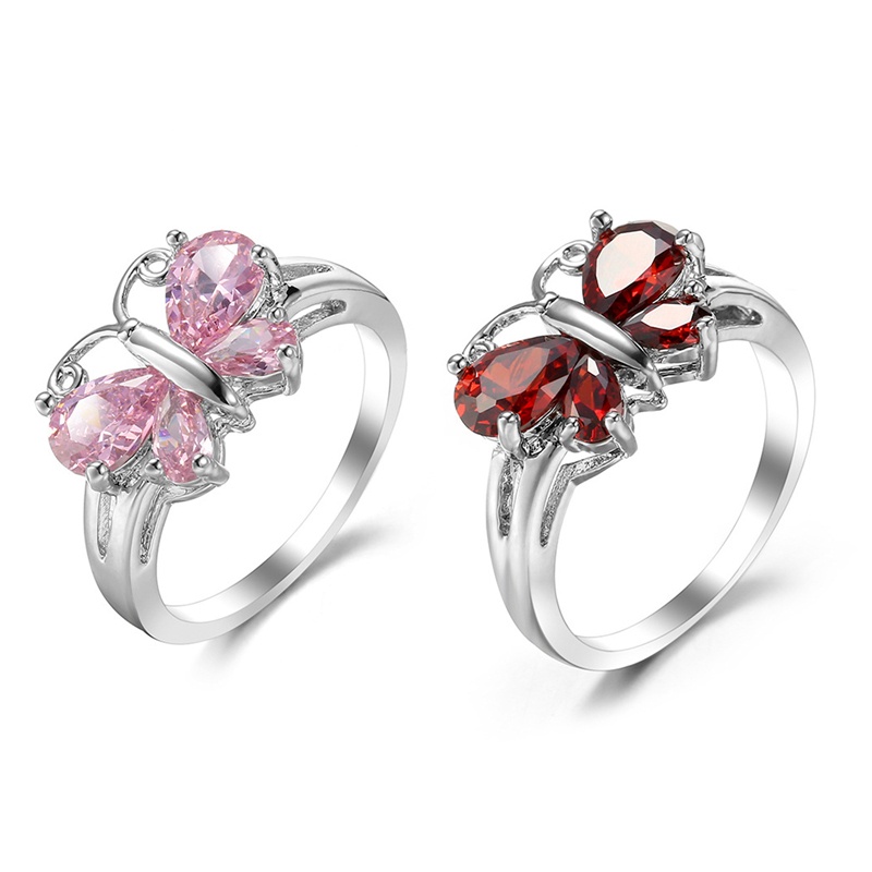 Cincin Jari CZ Butterfly Sparkling Pink Warna Silver Untuk Wanita Sterling Plata Jewelry Hadiah Natal