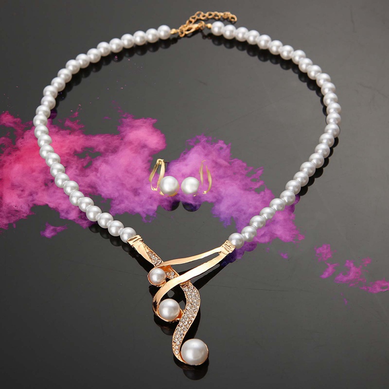 Vintage Afrika Simulasi Mutiara Set Perhiasan Pengantin Untuk Wanita Pernikahan Kristal Warna Emas Kalung Anting Gelang Set