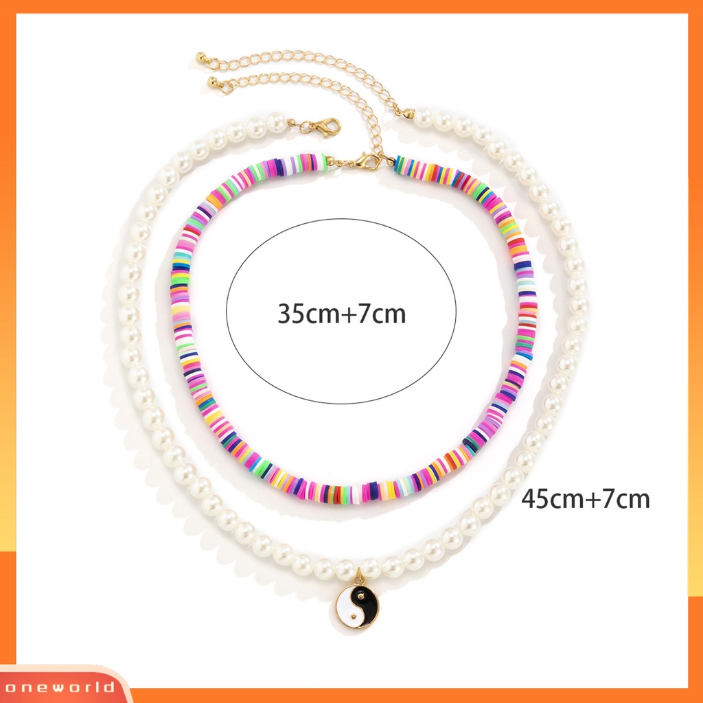 [ONE] 2pcs Wanita Kalung Manik-Manik Warna-Warni Motif Tai Chi Liontin Perhiasan Vintage Chokers Adjustable Untuk Pesta