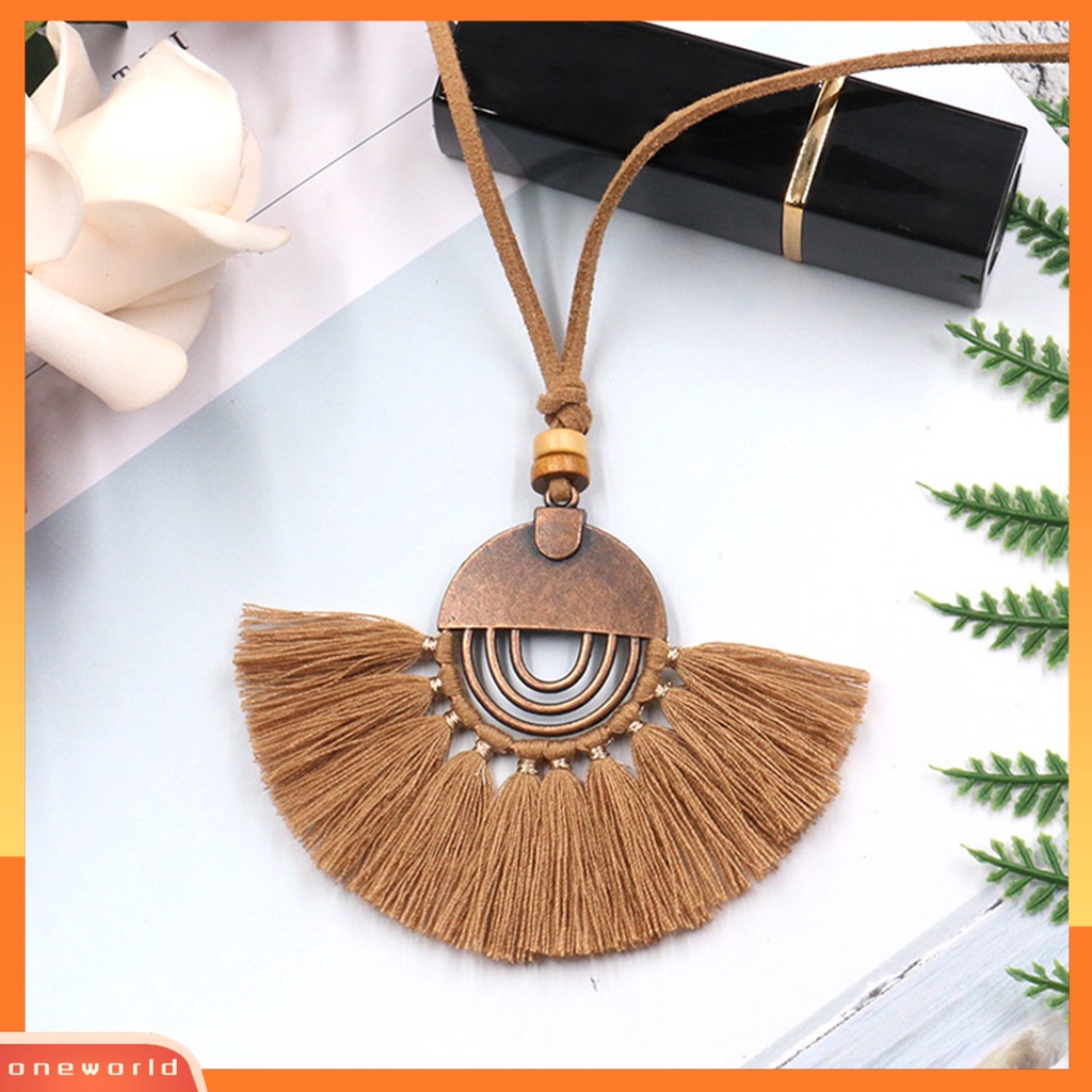 [ONE] Gaya Etnik Bohemian Sweater Kalung Alloy Berbentuk Kipas Benang Katun Rumbai Wanita Necklace Perhiasan Aksesoris