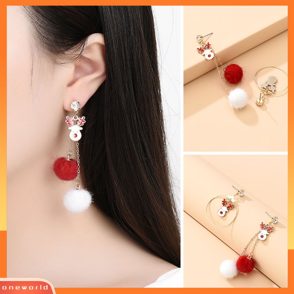 [ONE] 1pasang Anting Pejantan Asimetris Berlian Imitasi Mengkilap Merah Putih Pompom Cincin Besar Hadiah Lucu Natal Elk Drop Earrings Perhiasan Fashion
