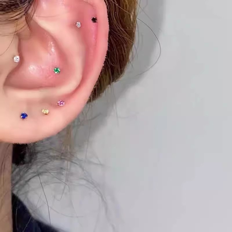 Roselife 1pasang S925 Perak Bersinar Warna-Warni 3mm Mini Kristal Stud Anting-Anting Untuk Wanita Pria Halus 9warna Zirkon Kecil Anting-Anting Pakaian Sehari-Hari Telinga Perhiasan