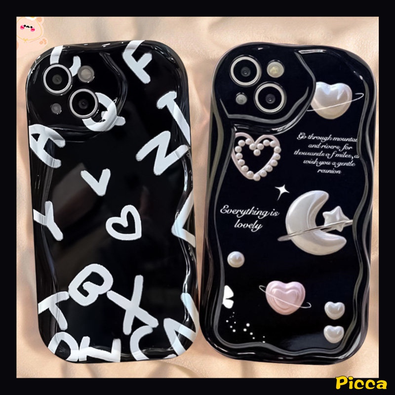 Casing Untuk Oppo A16 A15 A17k A16K A5s A95 A53 A17 A77 A1k A92 A3s A74 A54s A16s A52 A77s A9 A5 A76 A16E A31 Romantis Bulan Bintang Alfabet Love Hati 3D Bergelombang Lengkung Tepi Soft Cover