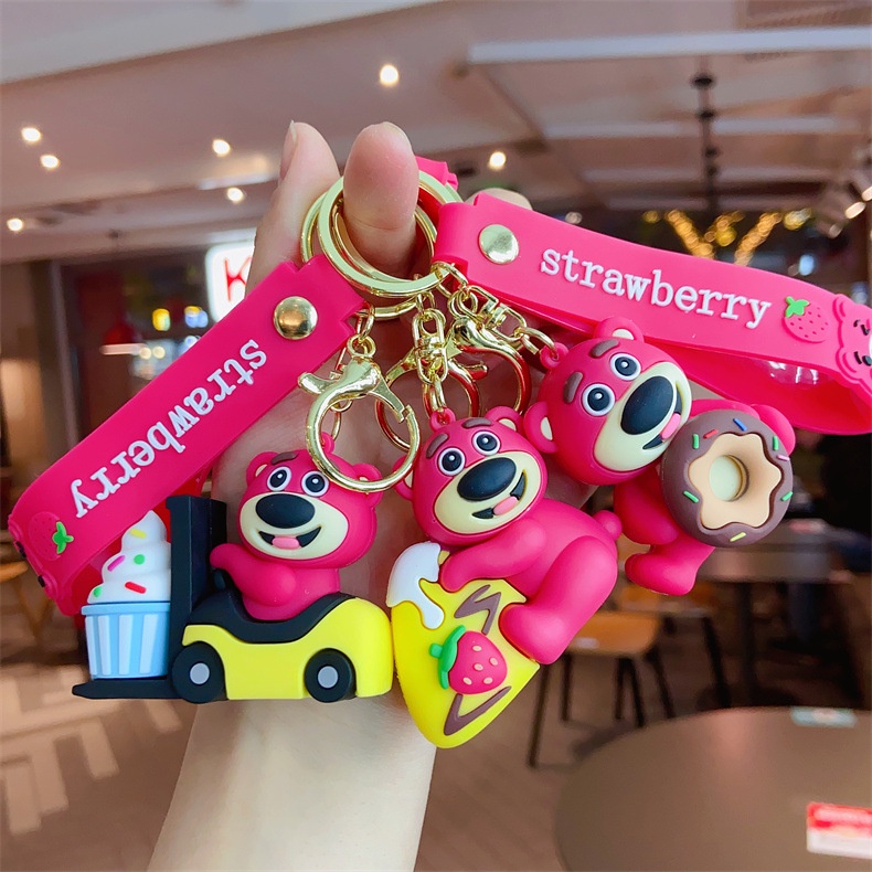 Kartun Strawberry Bear Dessert Keychain Pendant Gantungan Kunci Mobil Bookbag Pendant Key Ring