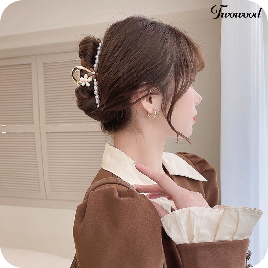 Twowood Frosted Flower Heart Decor Hair Claw Hias Mutiara Imitasi Hiu Rambut Alat Styling Penjepit