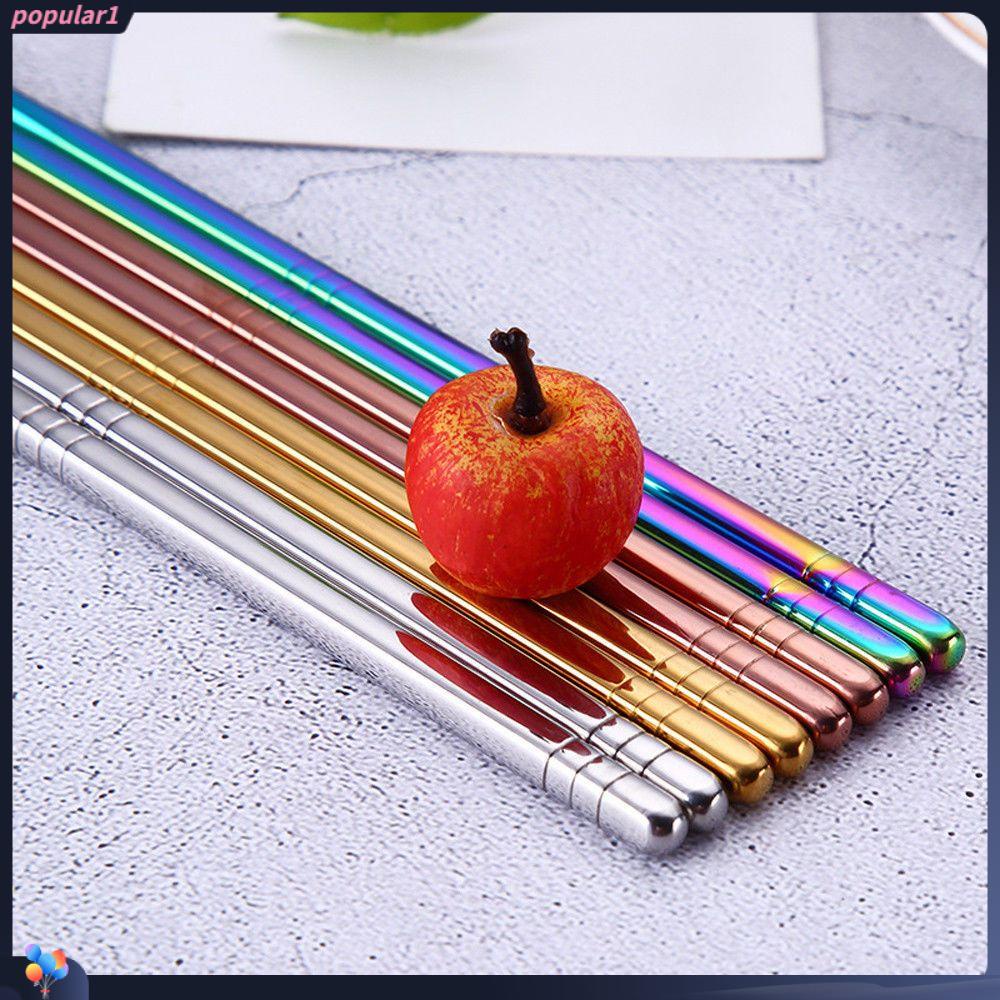 Populer 1pasang Sumpit China Warna-Warni chopstick Reusable Besi Anti Slip Dishware Alat Masak Stainless Steel