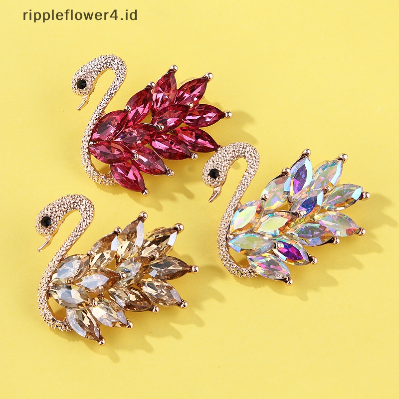 {rippleflower4.id} 1pc Alloy Crystal Swan Brooch Kristal Hewan Bros Jas Kerah Pin Hias~